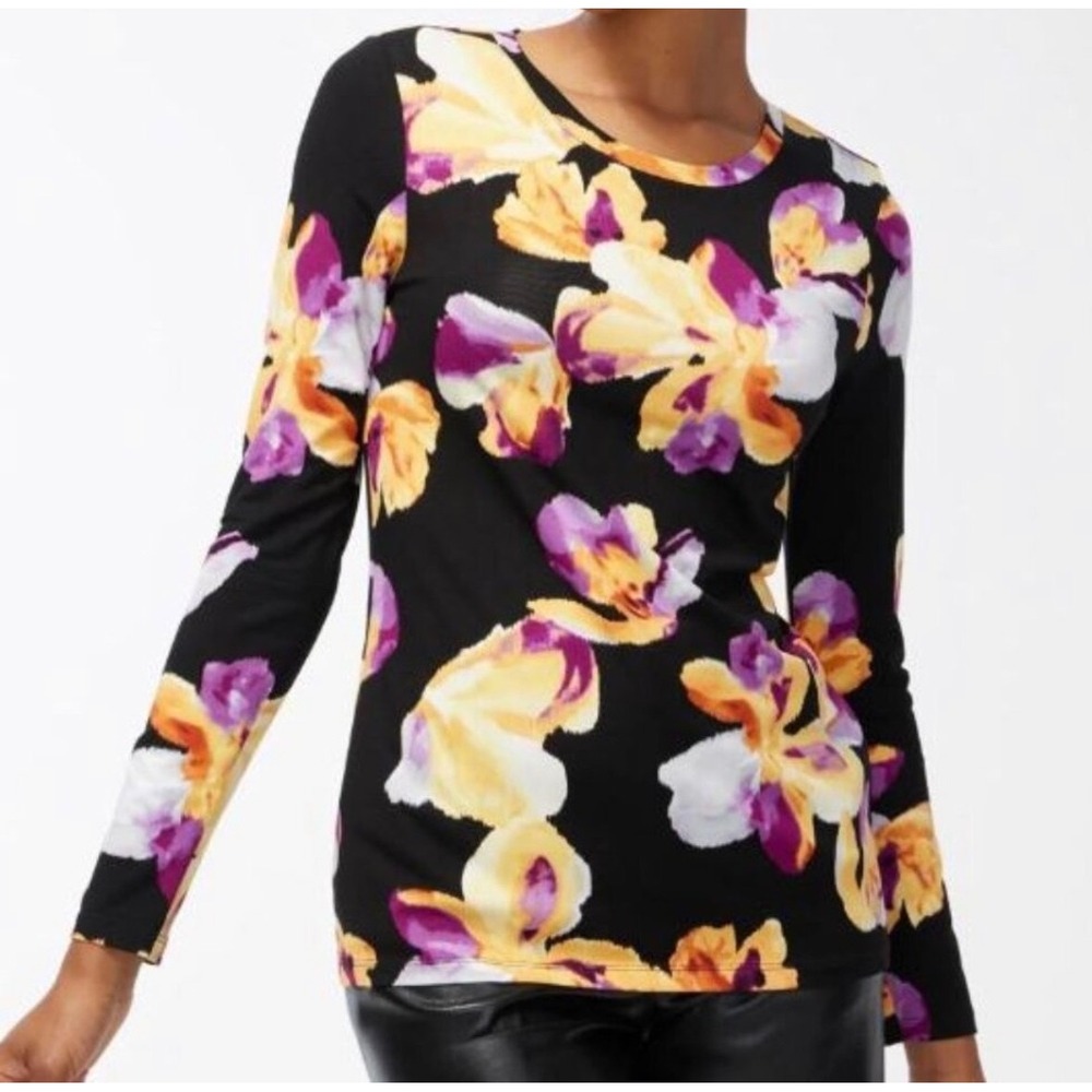 Chicos Touch of Cool Pullover Top Womens XL 3 Multicolor Black Floral T-shirt